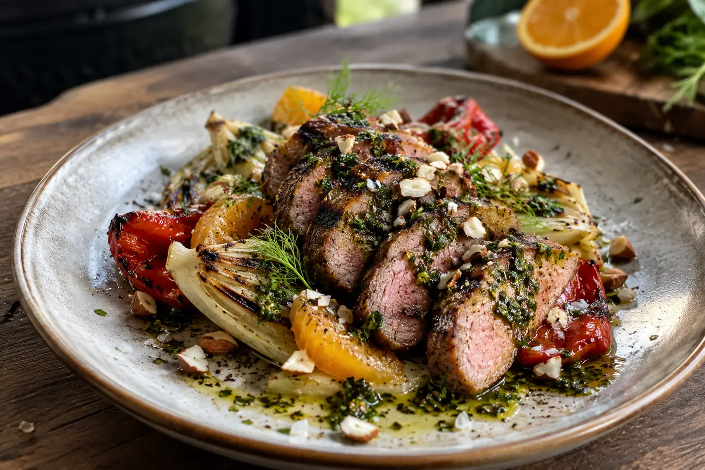 cuscino-vom-schwein-big-green-egg-geroestete-paprika-fenchel-orange