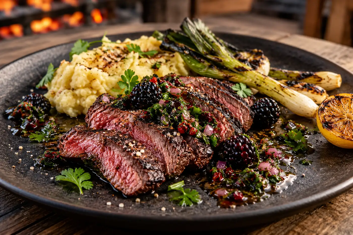 GEGRILLTES ONGLET | BROMBEER CHIMICHURRI | GRÄUCHERTER KARTOFFELSTAMPF