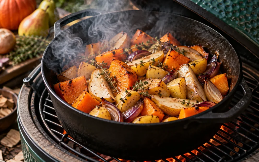 Geräucherter Kürbis mit Birnen, Kartoffeln und roten Zwiebeln im Gusseisentopf auf dem Big Green Egg