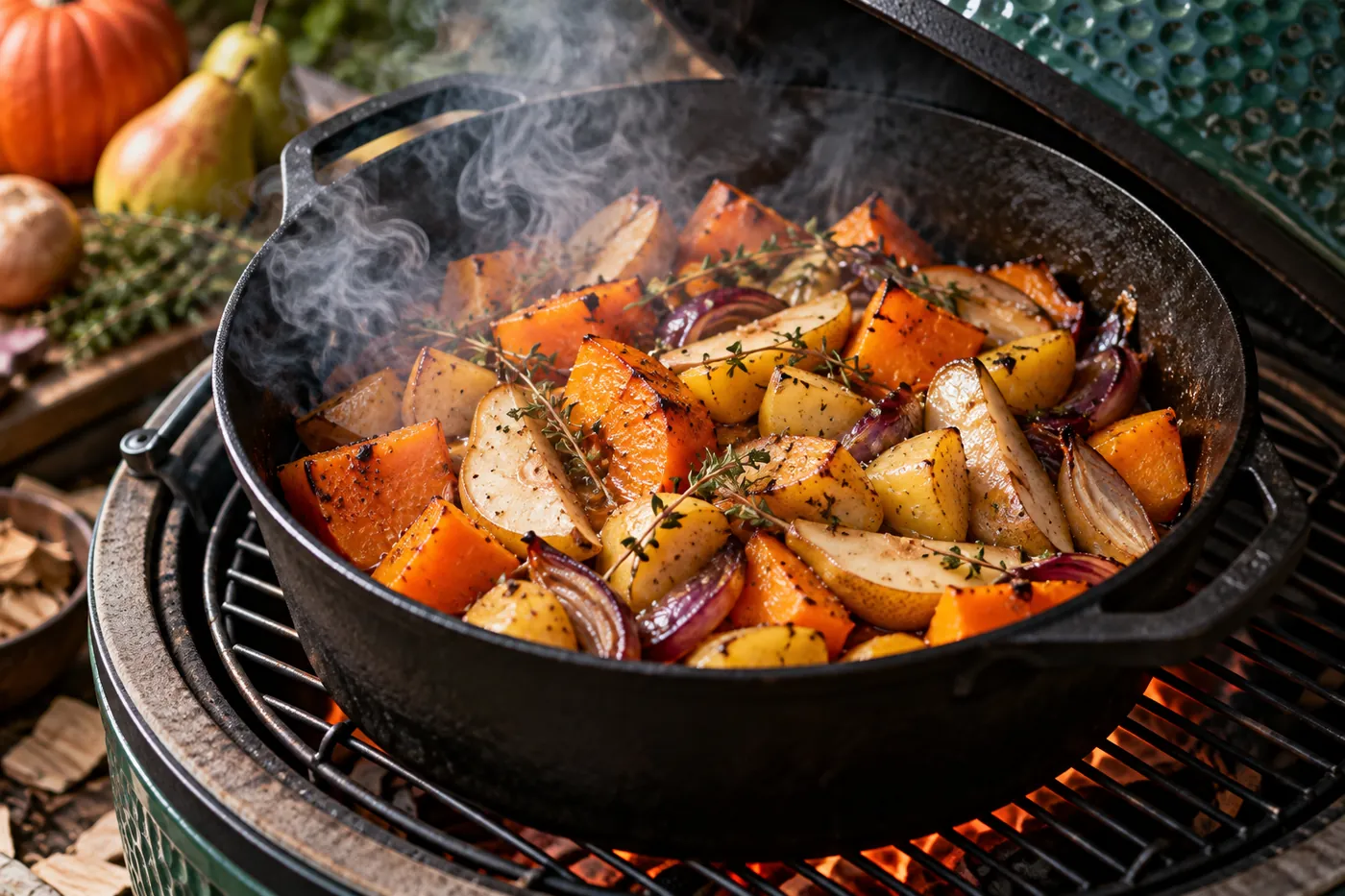 Geräucherter Kürbis mit Birnen, Kartoffeln und roten Zwiebeln im Gusseisentopf auf dem Big Green Egg
